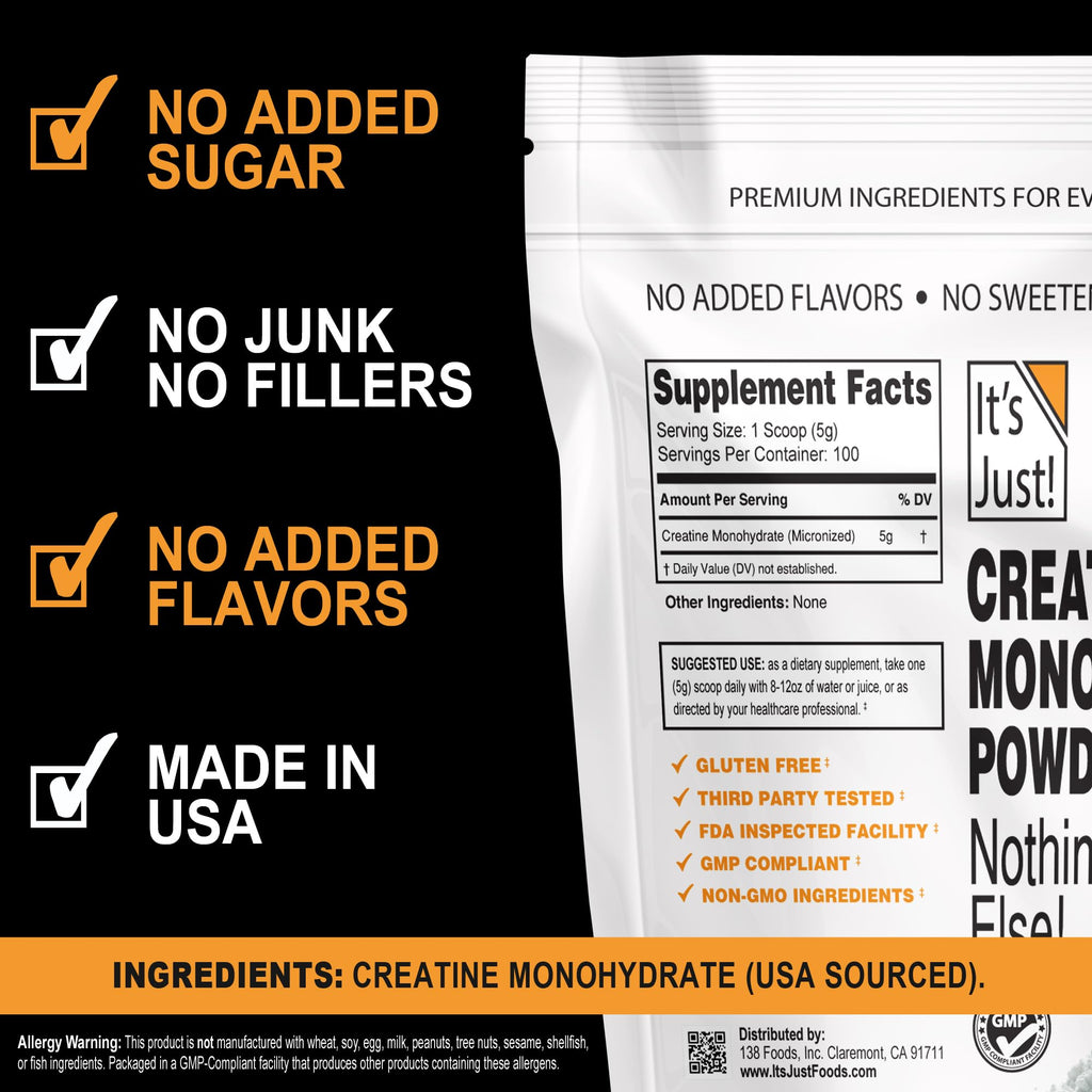 It's Just! - Creatine Monohydrate Powder, Pure Creatine Powder, Made in USA, 3rd Party Lab Tested, 5g Per Serving, Scoop Included, No Fillers, No Added Flavor (Unflavored, 500g / 100 Servings) - FENGGESTORE20