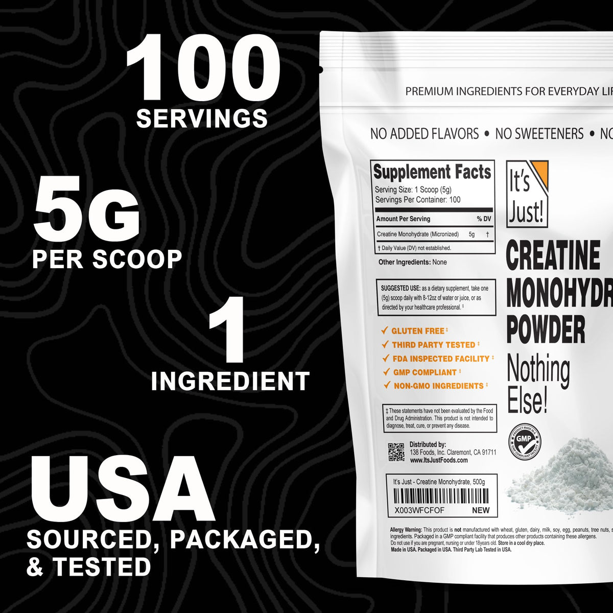 It's Just! - Creatine Monohydrate Powder, Pure Creatine Powder, Made in USA, 3rd Party Lab Tested, 5g Per Serving, Scoop Included, No Fillers, No Added Flavor (Unflavored, 500g / 100 Servings) - FENGGESTORE20