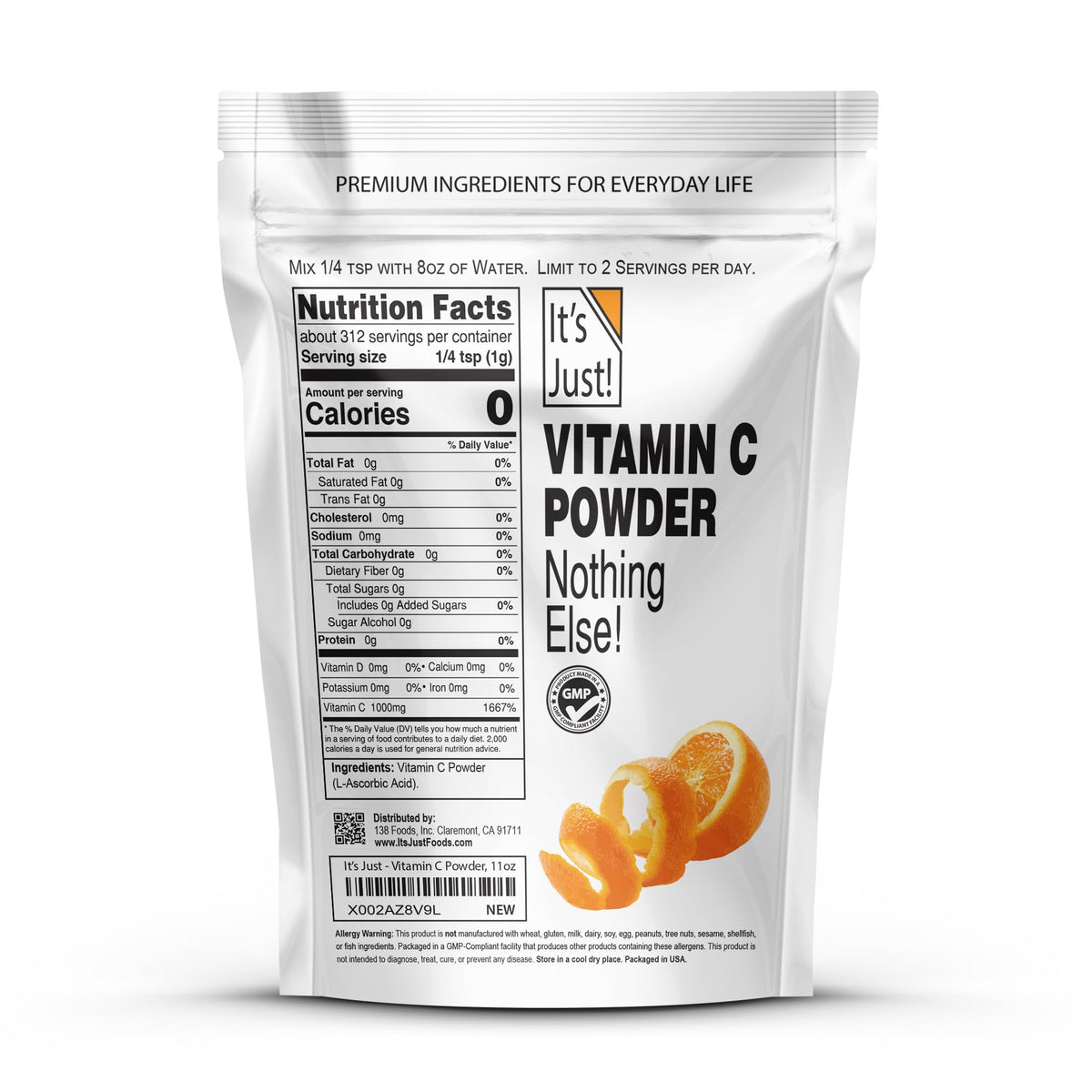 It's Just! - Vitamin C Powder, 100% Pure L-Ascorbic Acid, Food Grade, Immune Support, Homemade Cosmetics (11oz) - FENGGESTORE20