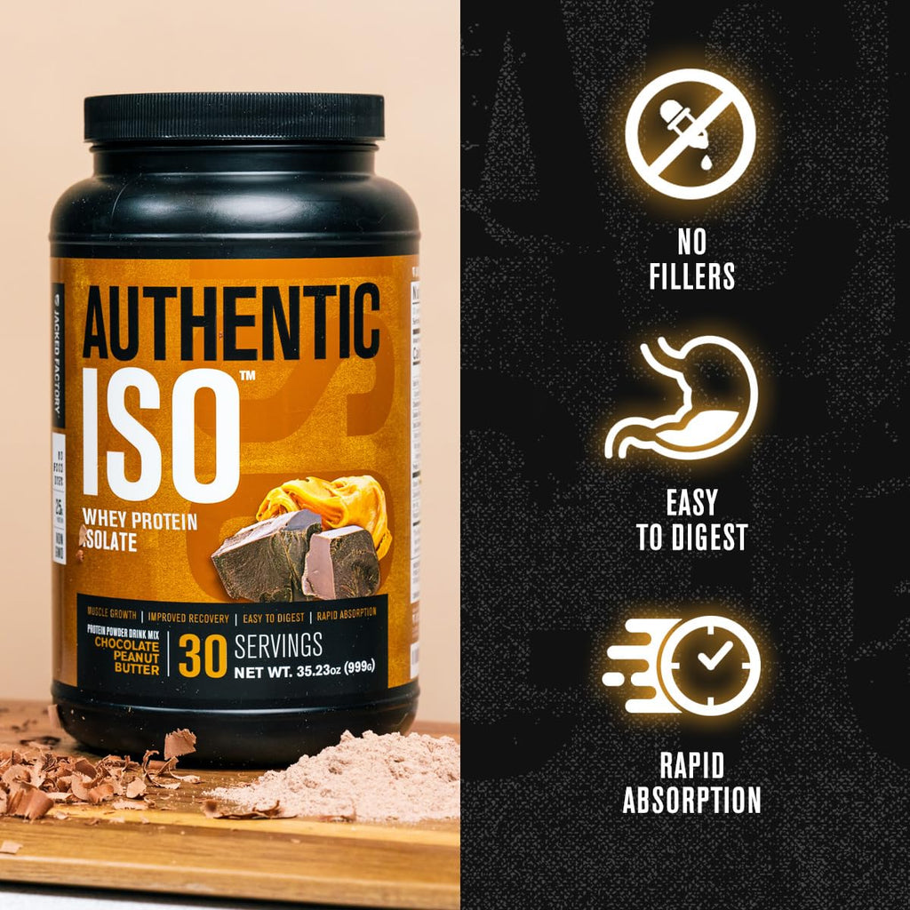 Jacked Factory Authentic ISO Grass Fed Whey Protein Isolate Powder - Low Carb, Non-GMO Muscle Building Protein w/No Fillers, Post Workout Recovery, Chocolate Peanut Butter - 25 Servings - FENGGESTORE20