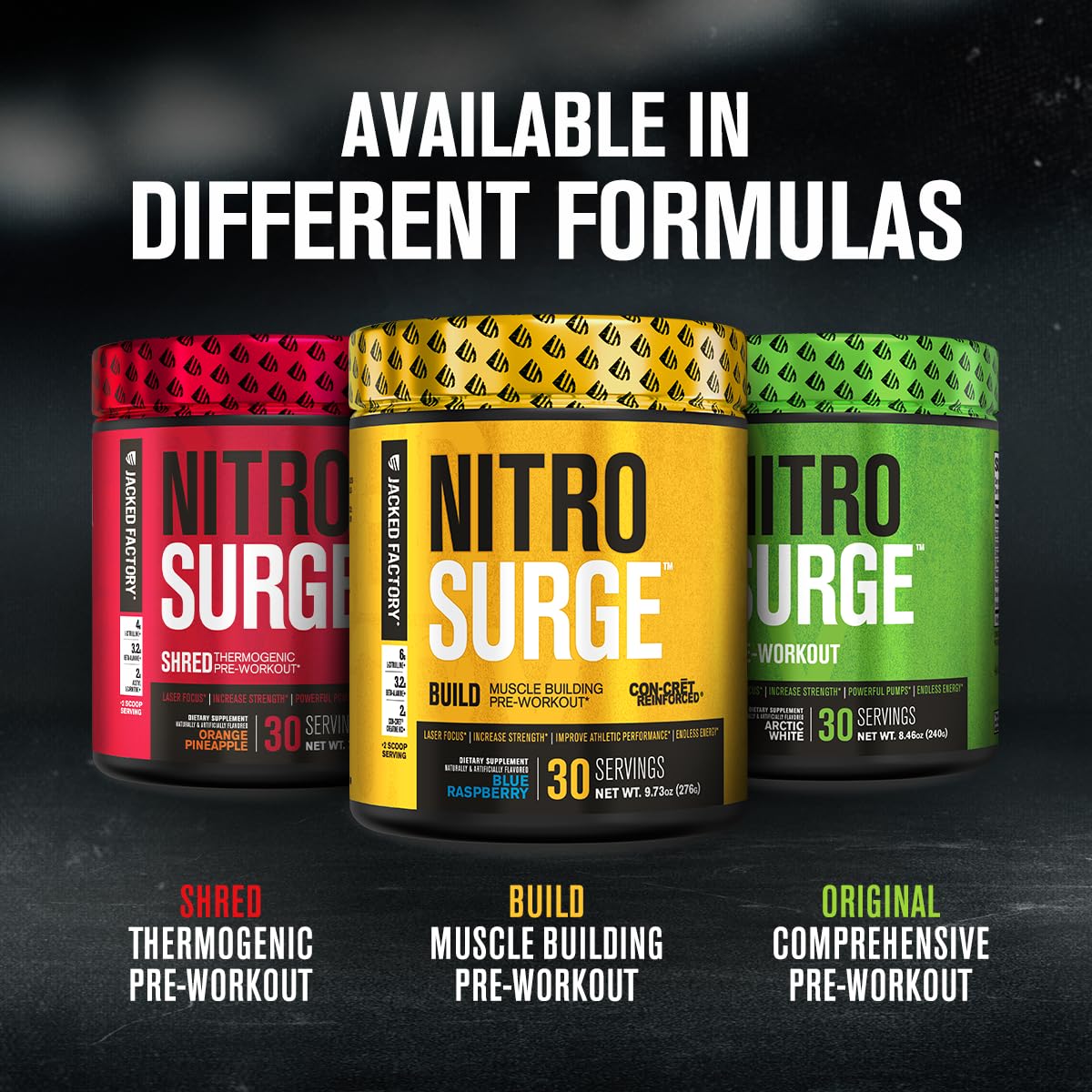Jacked Factory Nitrosurge Build Pre Workout with Creatine for Muscle Building - Con Cret Creatine Powder & elevATP for Intense Energy, Powerful Pump, - FENGGESTORE20