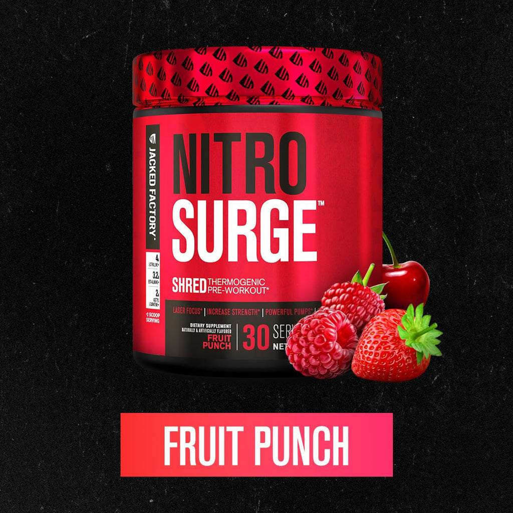 Jacked Factory NITROSURGE Shred Pre Workout Supplement - Energy Booster, Instant Strength Gains, Sharp Focus, Powerful Pumps - Nitric Oxide Booster & PreWorkout Powder - 30Sv, Fruit Punch - FENGGESTORE20
