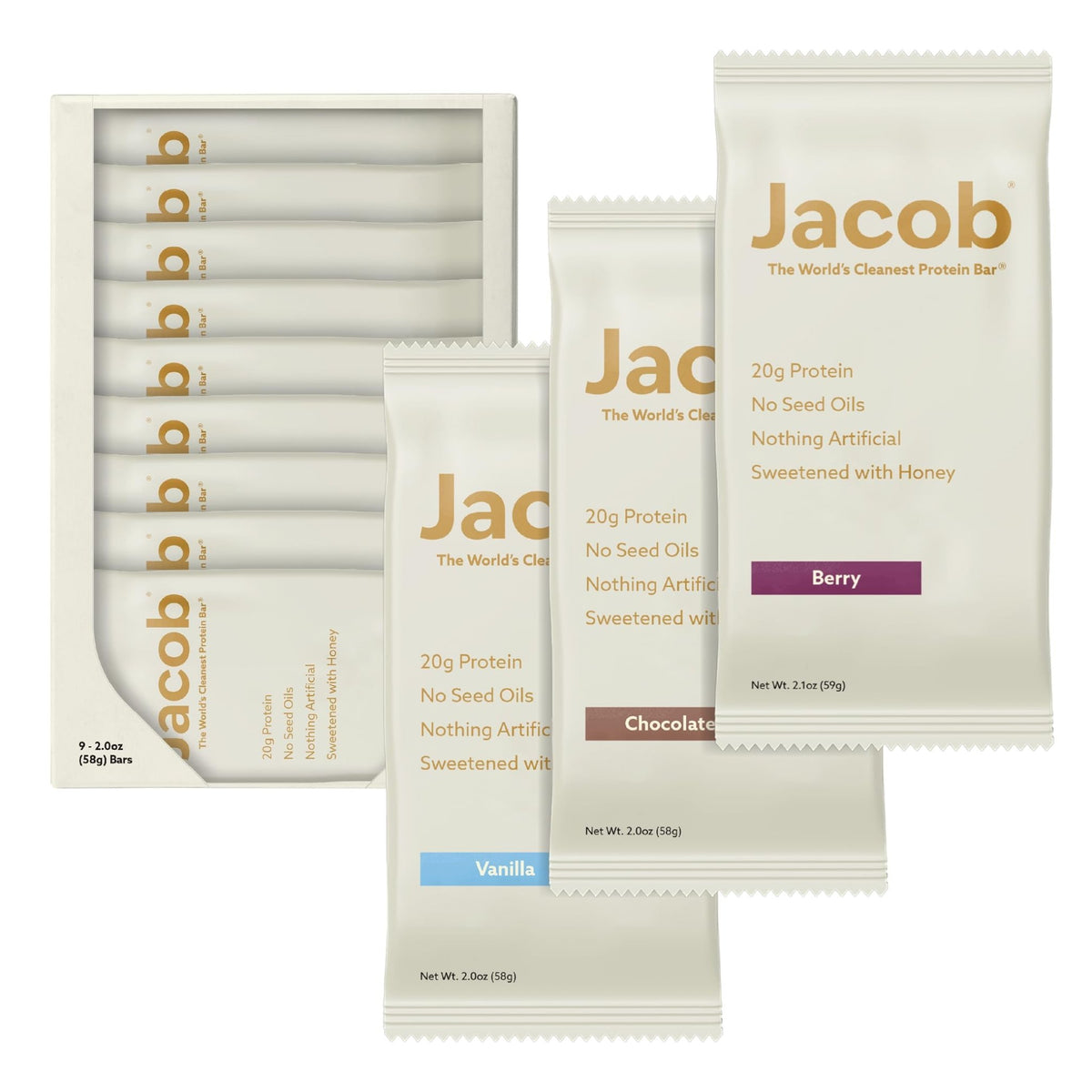 Jacob Bar, Protein Bars, Variety Pack (9 Bars Total) Contains 3 of Each; Chocolate, Vanilla, Berry - 20g Grass-Fed Protein, No Seed Oils, Nothing Artificial - FENGGESTORE20