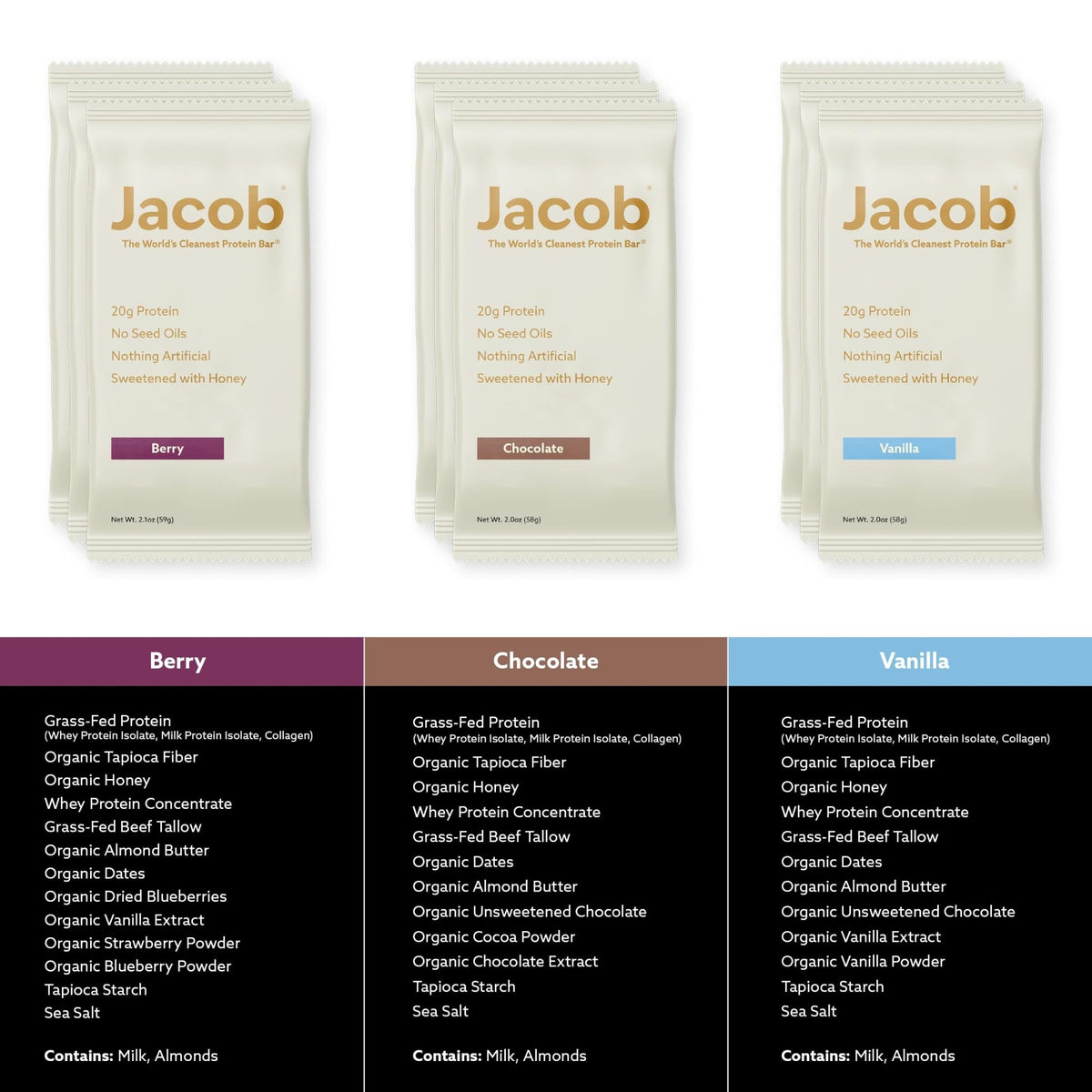 Jacob Bar, Protein Bars, Variety Pack (9 Bars Total) Contains 3 of Each; Chocolate, Vanilla, Berry - 20g Grass-Fed Protein, No Seed Oils, Nothing Artificial - FENGGESTORE20
