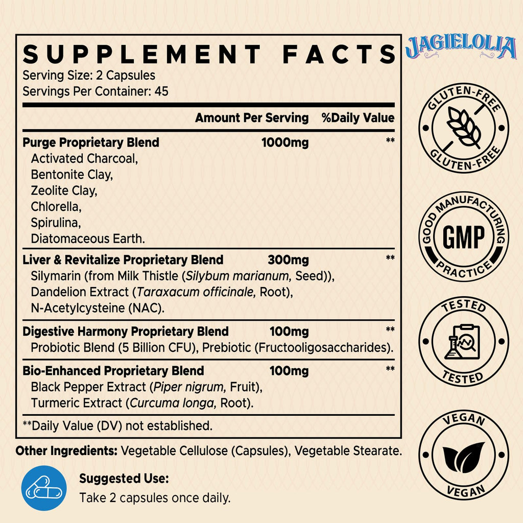 Jagielolia All-in-One Detox Binder Supplement 1500 MG - High Bioavailability, Liver Gut Detox Cleanse with Activated Charcoal, Zeolite & Bentonite Clay for Toxins, - FENGGESTORE20