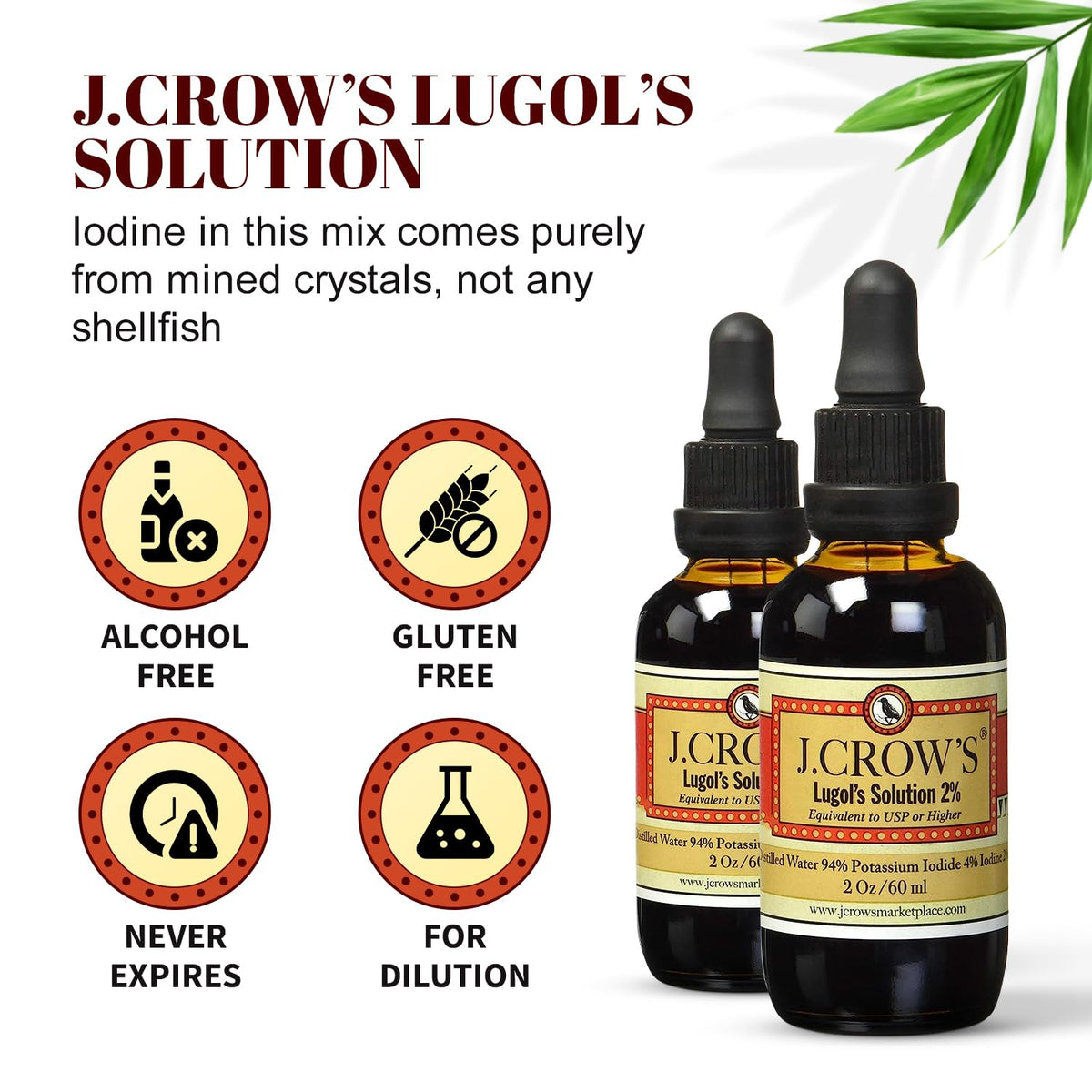 J.CROW'S® Lugol's Solution of Iodine 2% 2 oz (1 Bottle) – Premium Iodine & Potassium Iodide Liquid, Gluten - FENGGESTORE20