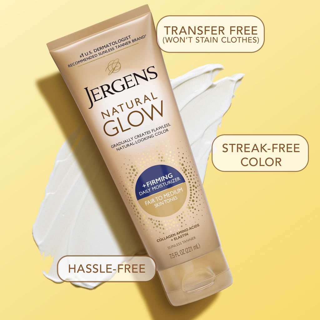 Jergens Natural Glow +Firming Self Tanner Body Lotion, Fair to Medium Skin Tone, Sunless Tanning Moisturizer - FENGGESTORE20