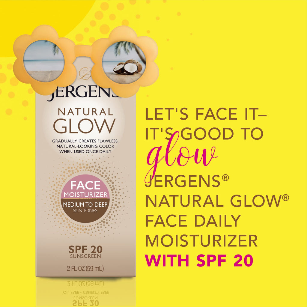 Jergens Natural Glow Self Tanner Face Moisturizer with SPF 20 Facial Sunscreen, Medium to Deep Skin Tone, Sunless Tanning, Oil Free - FENGGESTORE20