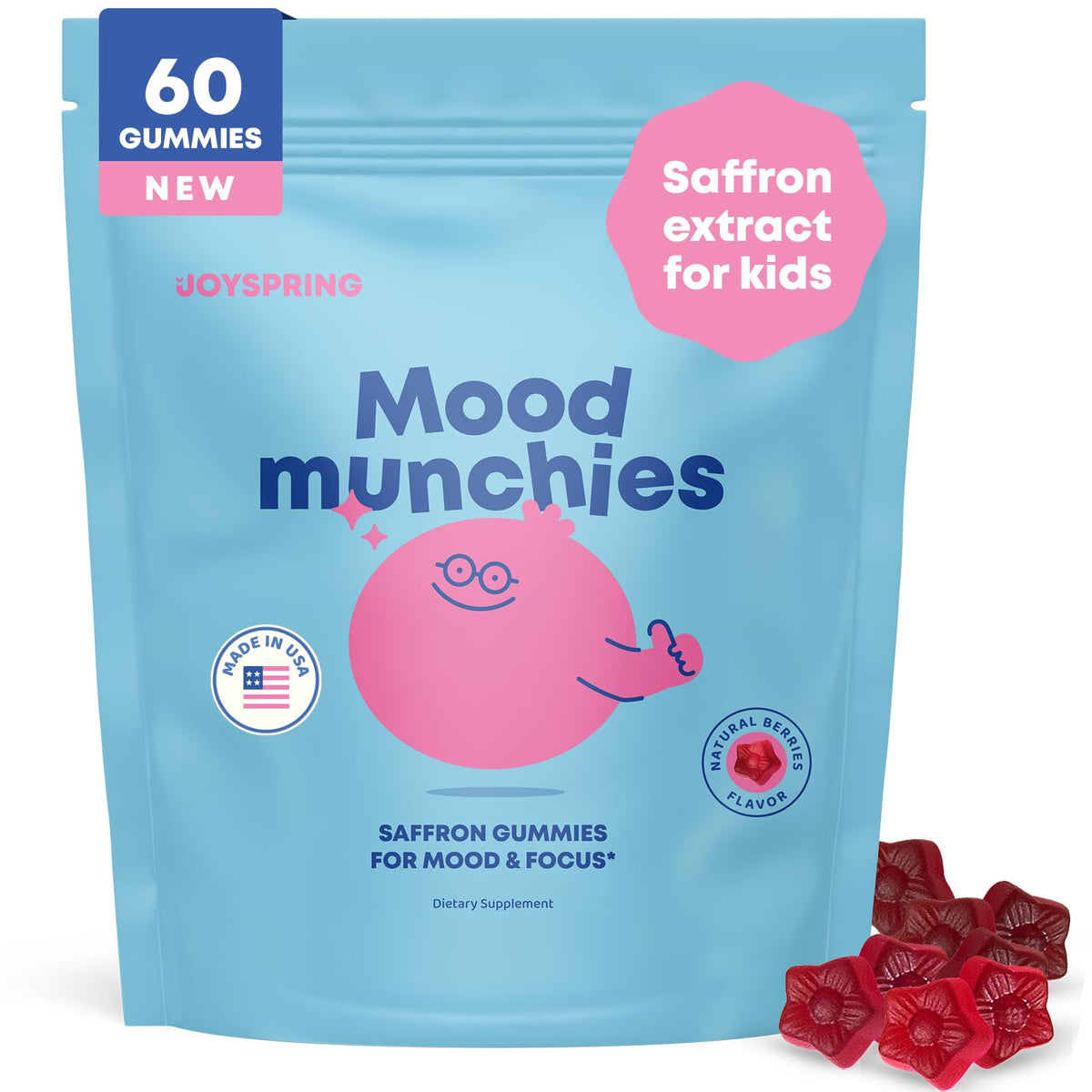JoySpring Mood Munchies Saffron Gummies for Kids 4+ | Saffron Extract Supplement with GABA, Passion Flower & St Johns Wort | Sugar Free Vegan Brain Support & Kids Focus Gummies | Crafted in USA - FENGGESTORE20