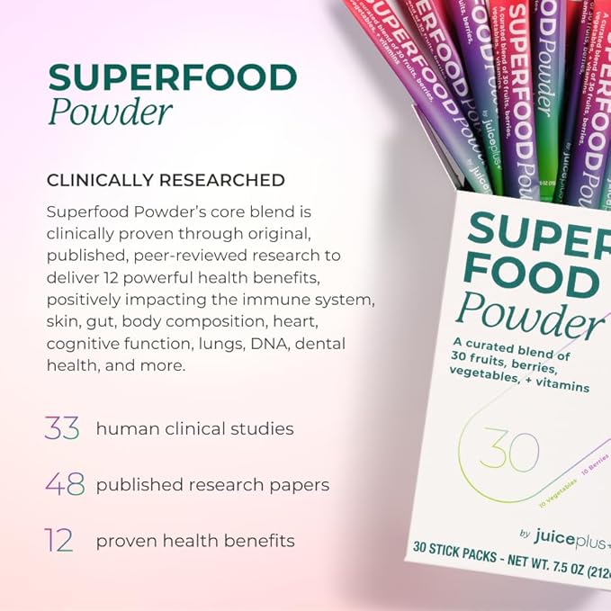Juice Plus+ - Superfood Powder - Drink with 30 Fruits Berries Veggies Plant Vitamins for Refreshing Immune Wellness Boost - 30 Stick Packs - FENGGESTORE20