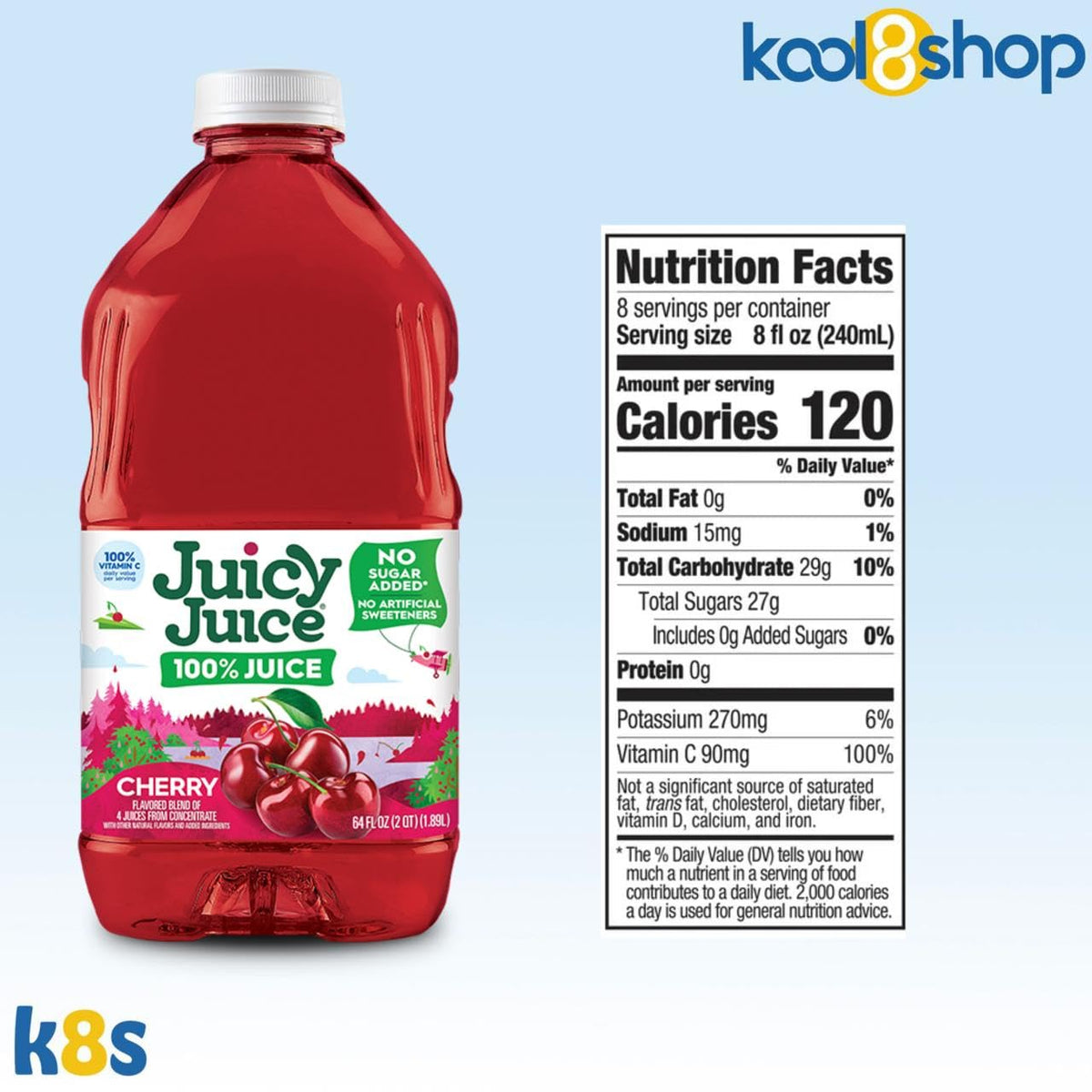 Juicy Juice Cherry 100% Juice Vitamin C No Sugar Added 64 fl oz Plastic Bottle 4 Pack + 15 Sugarcane Disposable Straws by KOOL8SHOP Infinite Deals - FENGGESTORE20