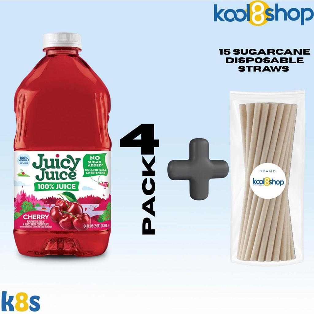 Juicy Juice Cherry 100% Juice Vitamin C No Sugar Added 64 fl oz Plastic Bottle 4 Pack + 15 Sugarcane Disposable Straws by KOOL8SHOP Infinite Deals - FENGGESTORE20