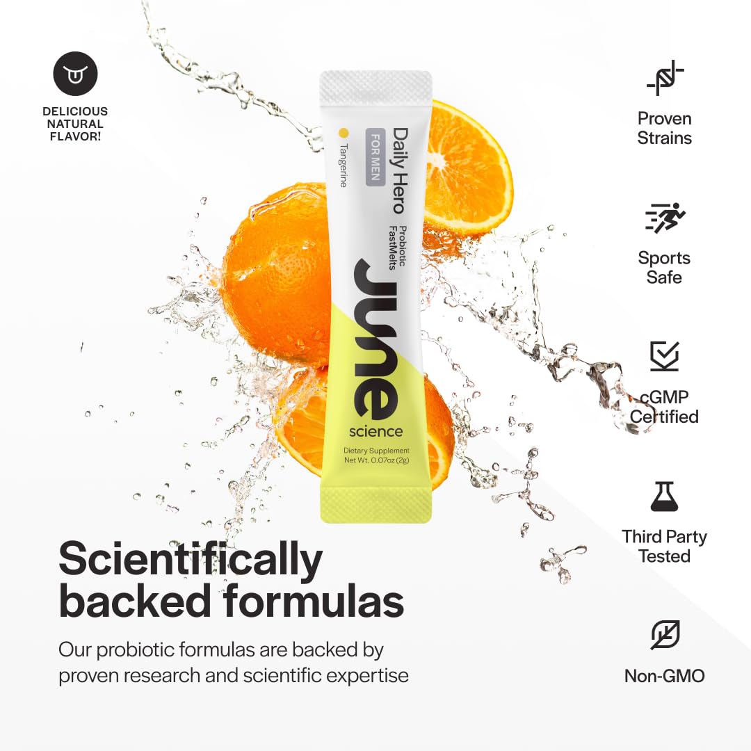 June Science Daily Hero for Men | Fast Melt Pre + Probiotic for Men - Tangerine Flavor, 30 Powder Sachets - FENGGESTORE20
