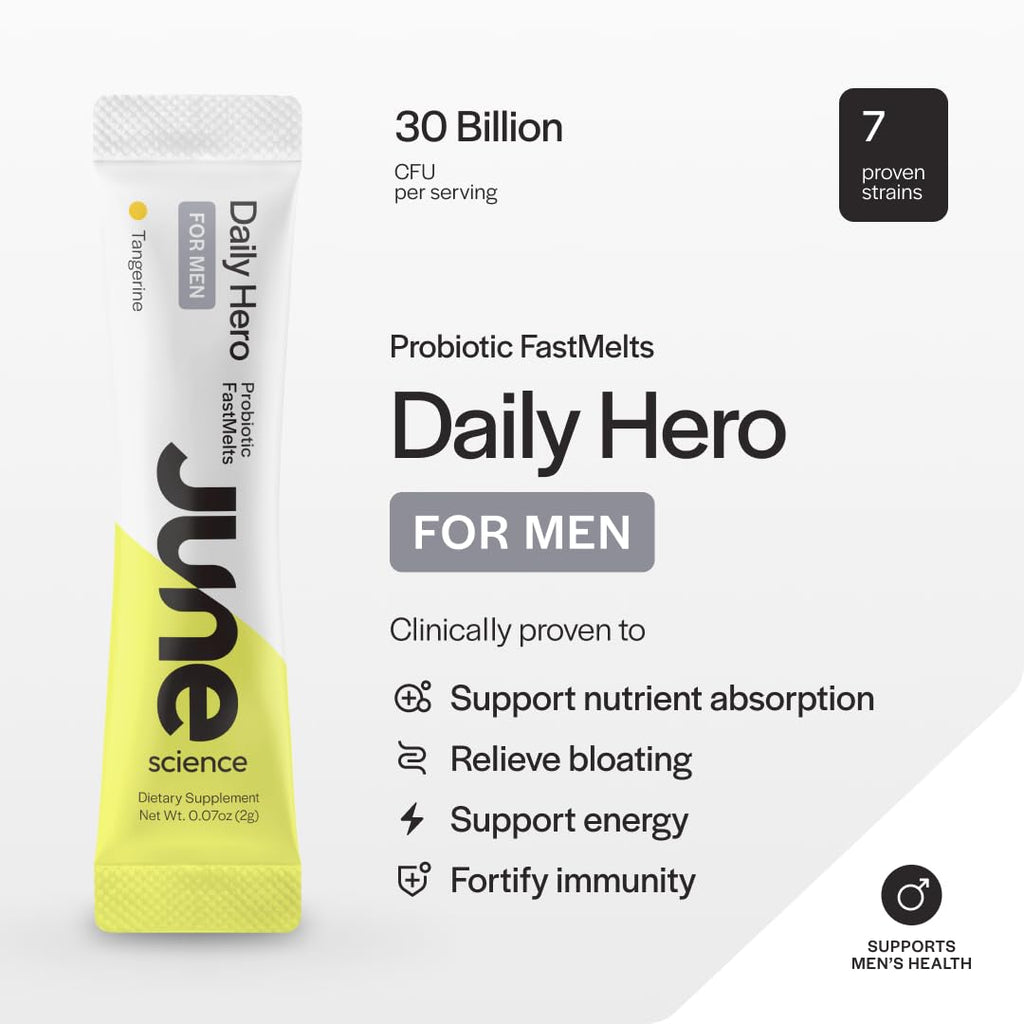 June Science Daily Hero for Men | Fast Melt Pre + Probiotic for Men - Tangerine Flavor, 30 Powder Sachets - FENGGESTORE20