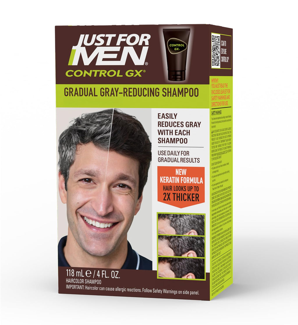 Just for Men Control GX Grey Reducing Shampoo, Gradual Hair Color with Keratin for Stronger Thicker and Healthier Looking Hair, 4 Fl Oz - Pack of 1 - FENGGESTORE20