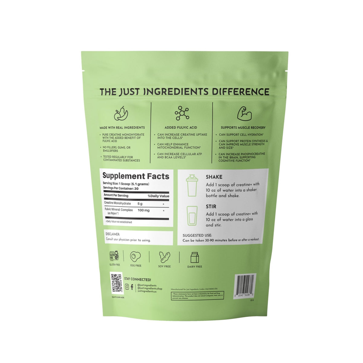 JUST INGREDIENTS Creatine Monohydrate Powder with Rejen Fulvic Mineral Complex - Supports Muscle Recovery, Energy, Strength, Cognitive Function - 30 Servings - FENGGESTORE20