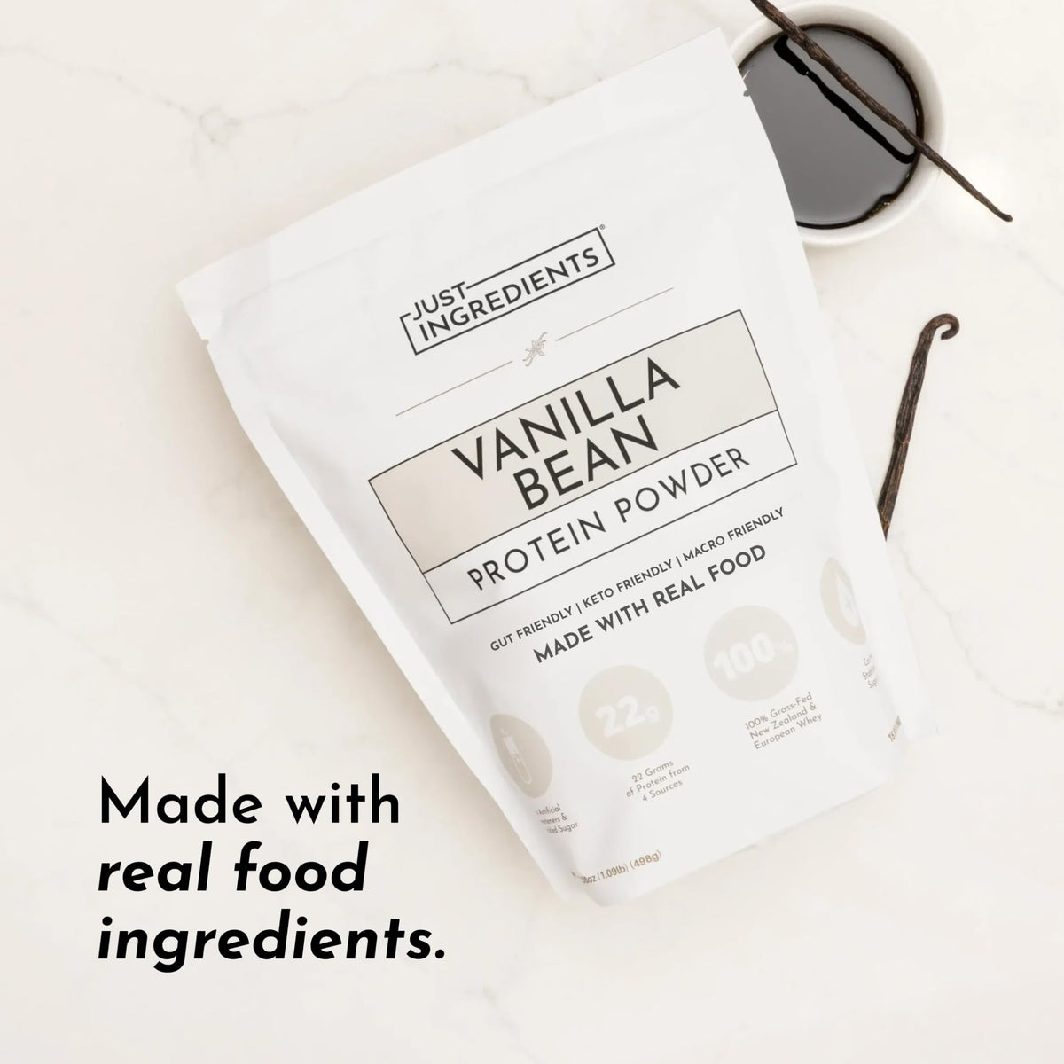 JUST INGREDIENTS Vanilla Protein Powder - Grass-Fed Whey Blend, Organic, Gluten Free, Dairy Free, Soy Free - 15 Servings, 22g Protein - FENGGESTORE20