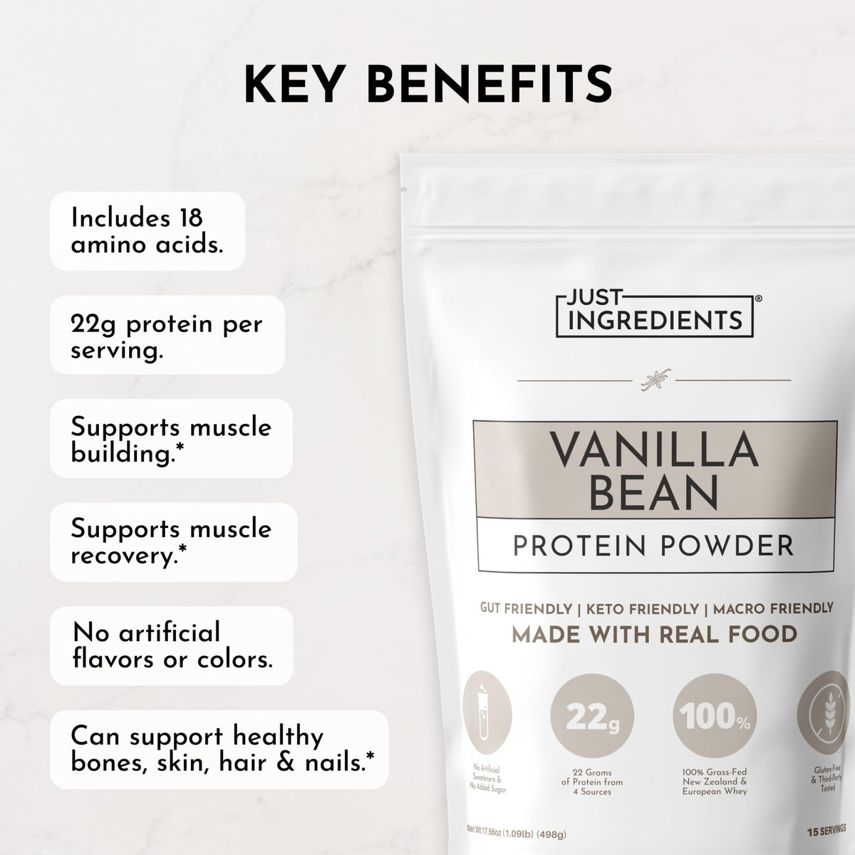 JUST INGREDIENTS Vanilla Protein Powder - Grass-Fed Whey Blend, Organic, Gluten Free, Dairy Free, Soy Free - 15 Servings, 22g Protein - FENGGESTORE20