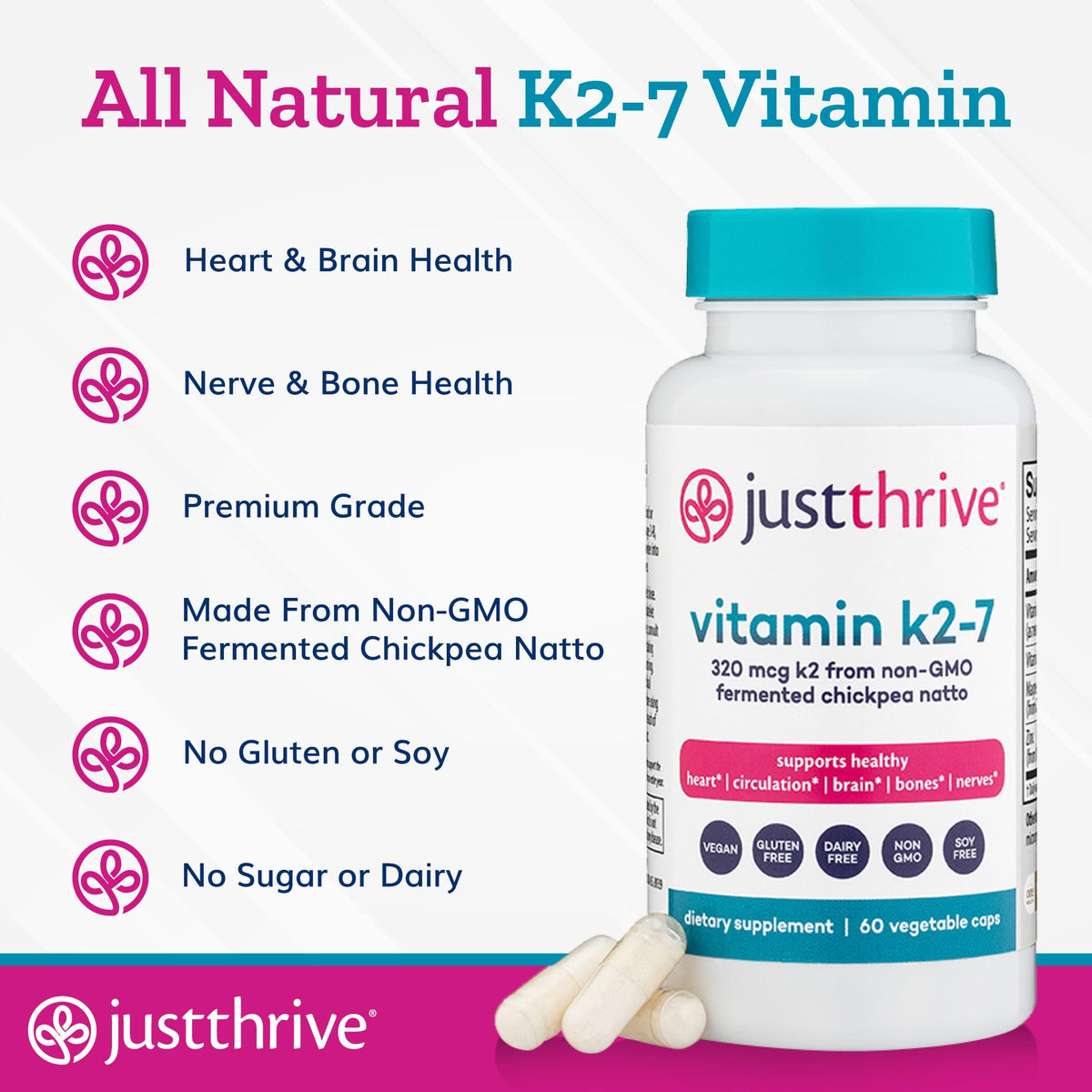 Just Thrive Vitamin K2-7 - Bone, Brain, and Heart Health K2 Vitamin Supplement, 60 Capsules - FENGGESTORE20