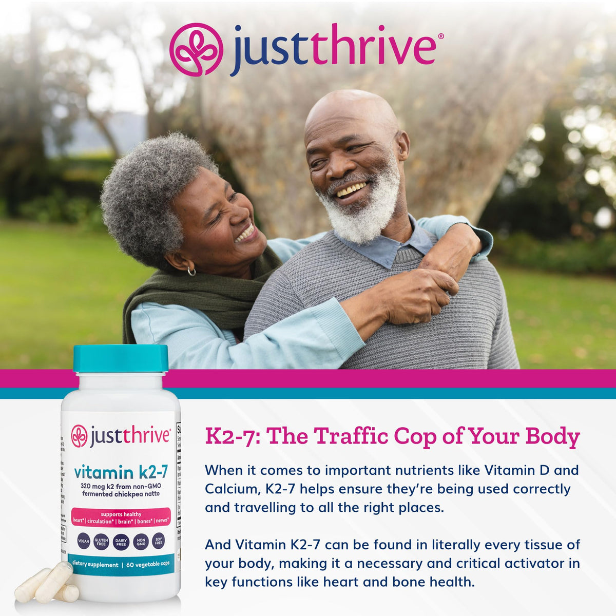 Just Thrive Vitamin K2-7 - Bone, Brain, and Heart Health K2 Vitamin Supplement, 60 Capsules - FENGGESTORE20