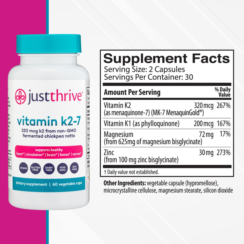 Just Thrive Vitamin K2-7 - Bone, Brain, and Heart Health K2 Vitamin Supplement, 60 Capsules - FENGGESTORE20