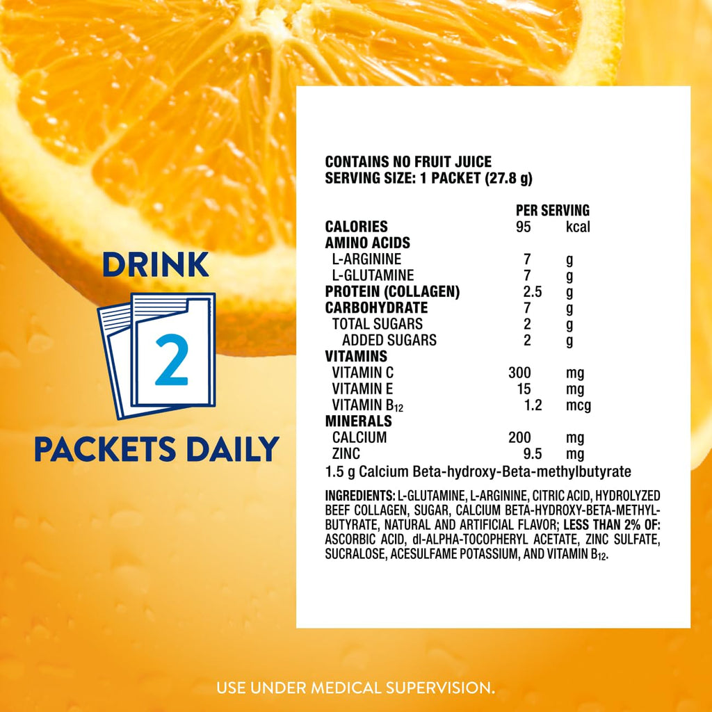 Juven Therapeutic Nutrition Drink Powder Including Collagen Peptides, Amino Acids, and HMB for Wound Healing Support, Orange, 30 Packets - FENGGESTORE20