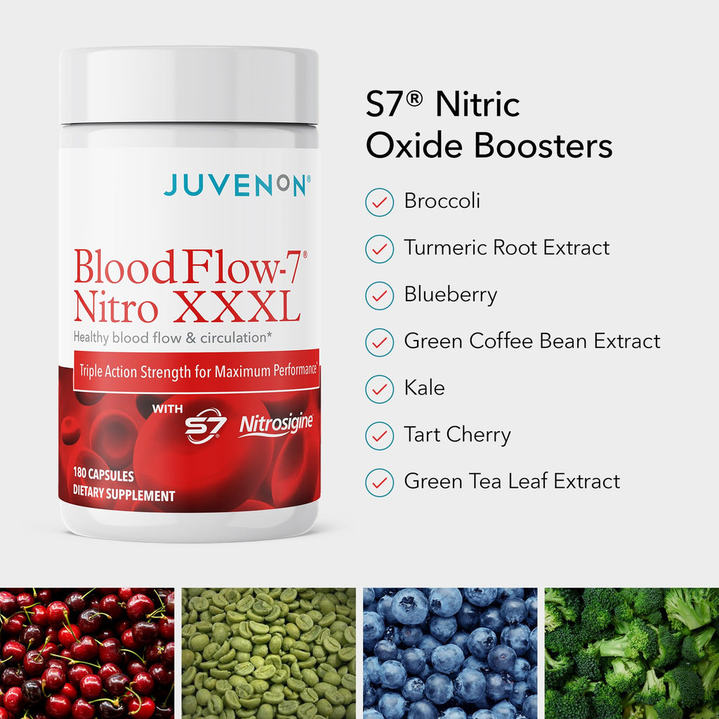Juvenon BloodFlow-7 XXXL Nitric Oxide Supplements for Men & Women - More Powerful, Longer Lasting Natural Nitric Oxide Booster with Nitrosigine® + S7® - Blood Flow & Circulation Support (1-Pack) - FENGGESTORE20