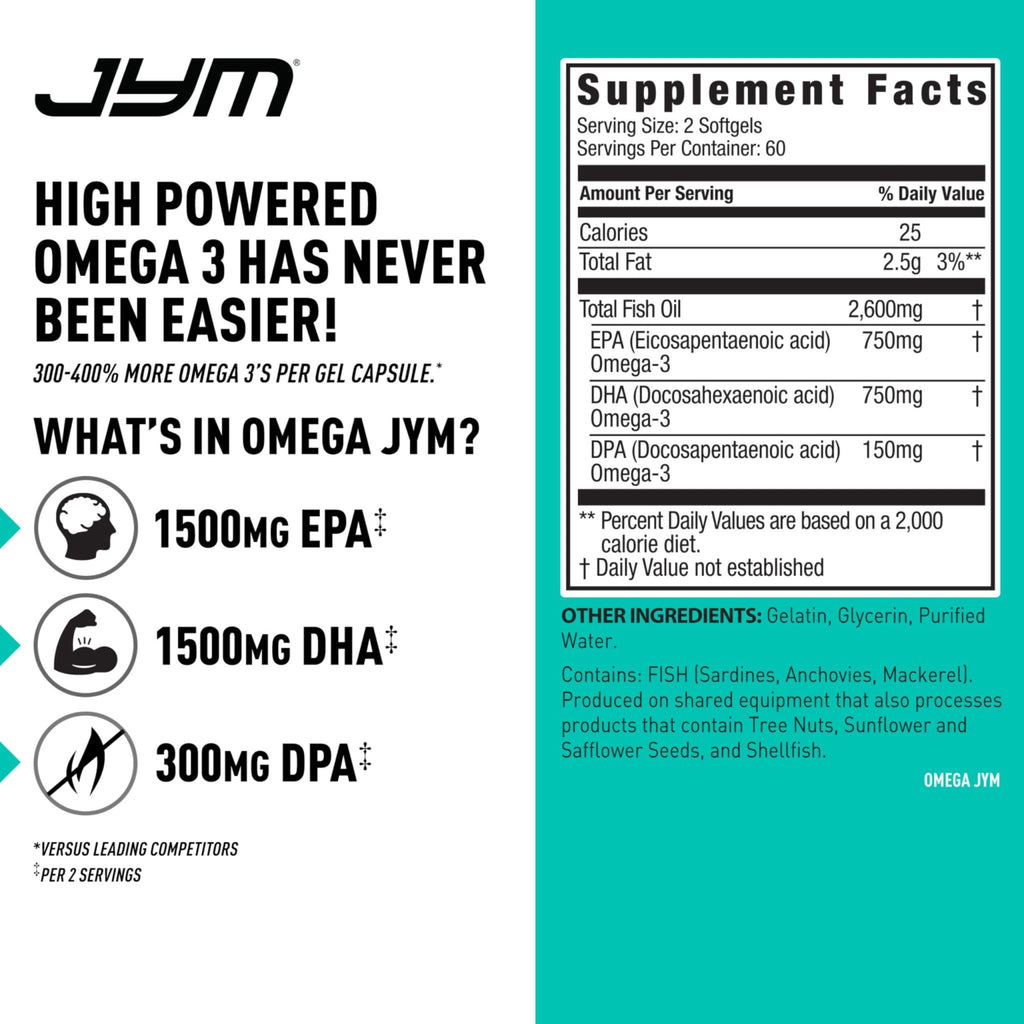 JYM Supplement Science Omega JYM Fish Oil 2800mg, High Potency Omega 3, EPA, DHA, DPA for Brain, Heart, & Joint Support 120 Soft Gels - FENGGESTORE20