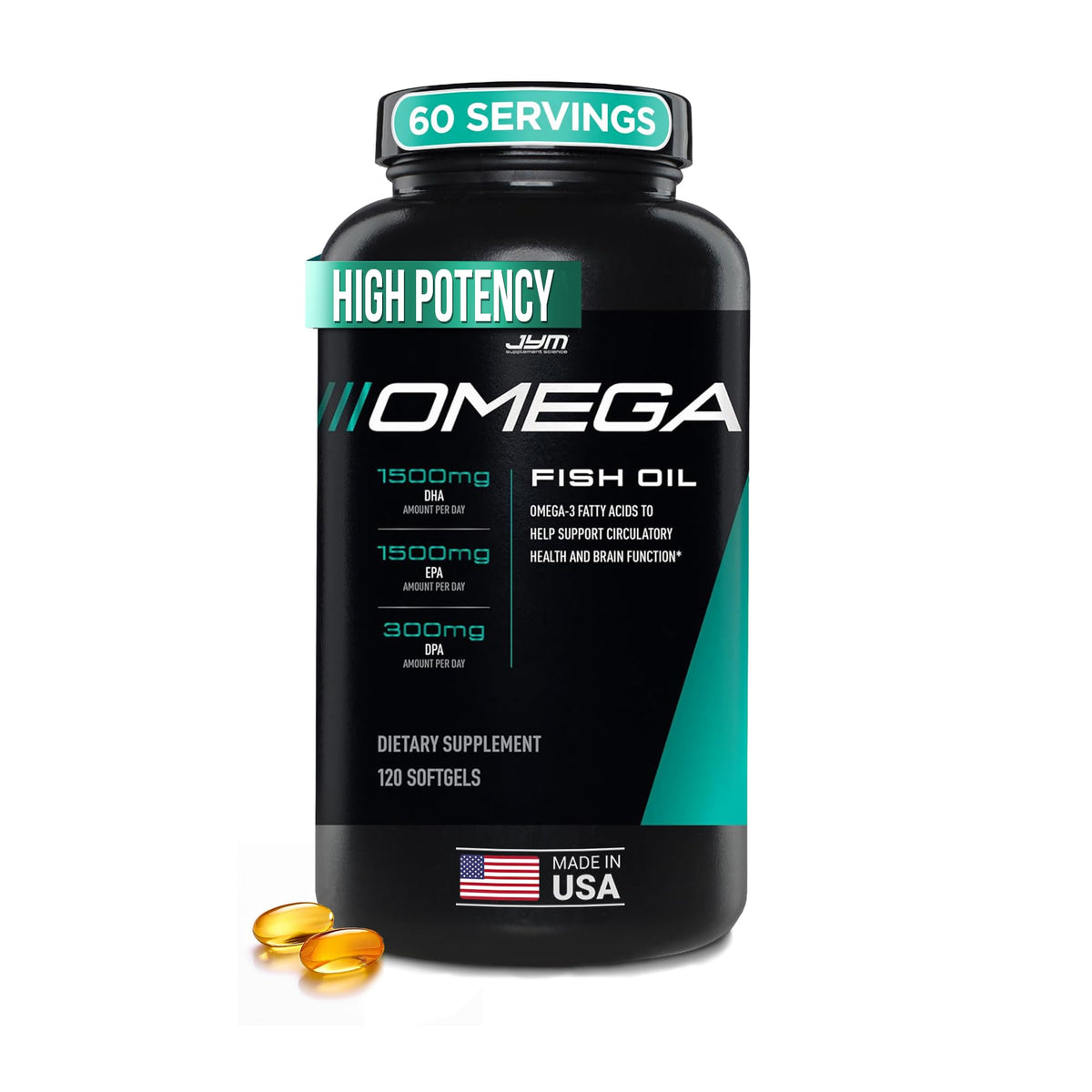 JYM Supplement Science Omega JYM Fish Oil 2800mg, High Potency Omega 3, EPA, DHA, DPA for Brain, Heart, & Joint Support 120 Soft Gels - FENGGESTORE20