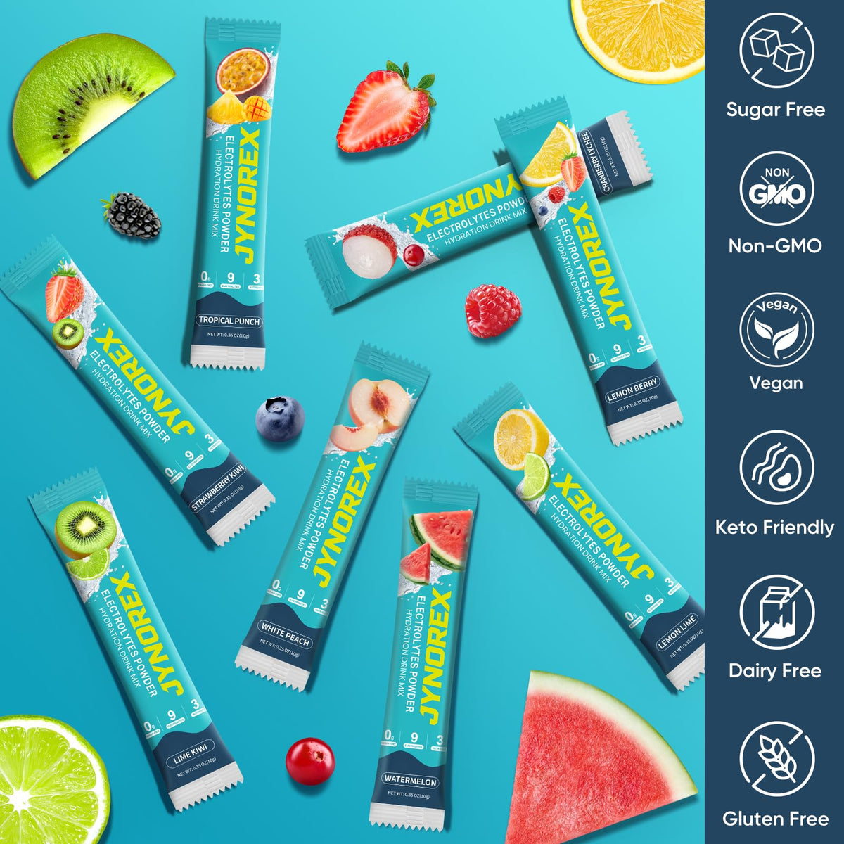 JYNOREX Electrolytes Powder Packets Sugar Free, 30 Sticks High Sodium Hydration Packets, Electrolyte Drink Mix with Lemon Lime Watermelon Peach Berry Kiwi - FENGGESTORE20