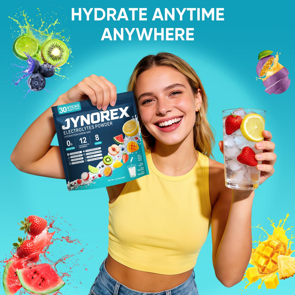 JYNOREX Electrolytes Powder Packets Sugar Free, 30 Sticks High Sodium Hydration Packets, Electrolyte Drink Mix with Lemon Lime Watermelon Peach Berry Kiwi - FENGGESTORE20