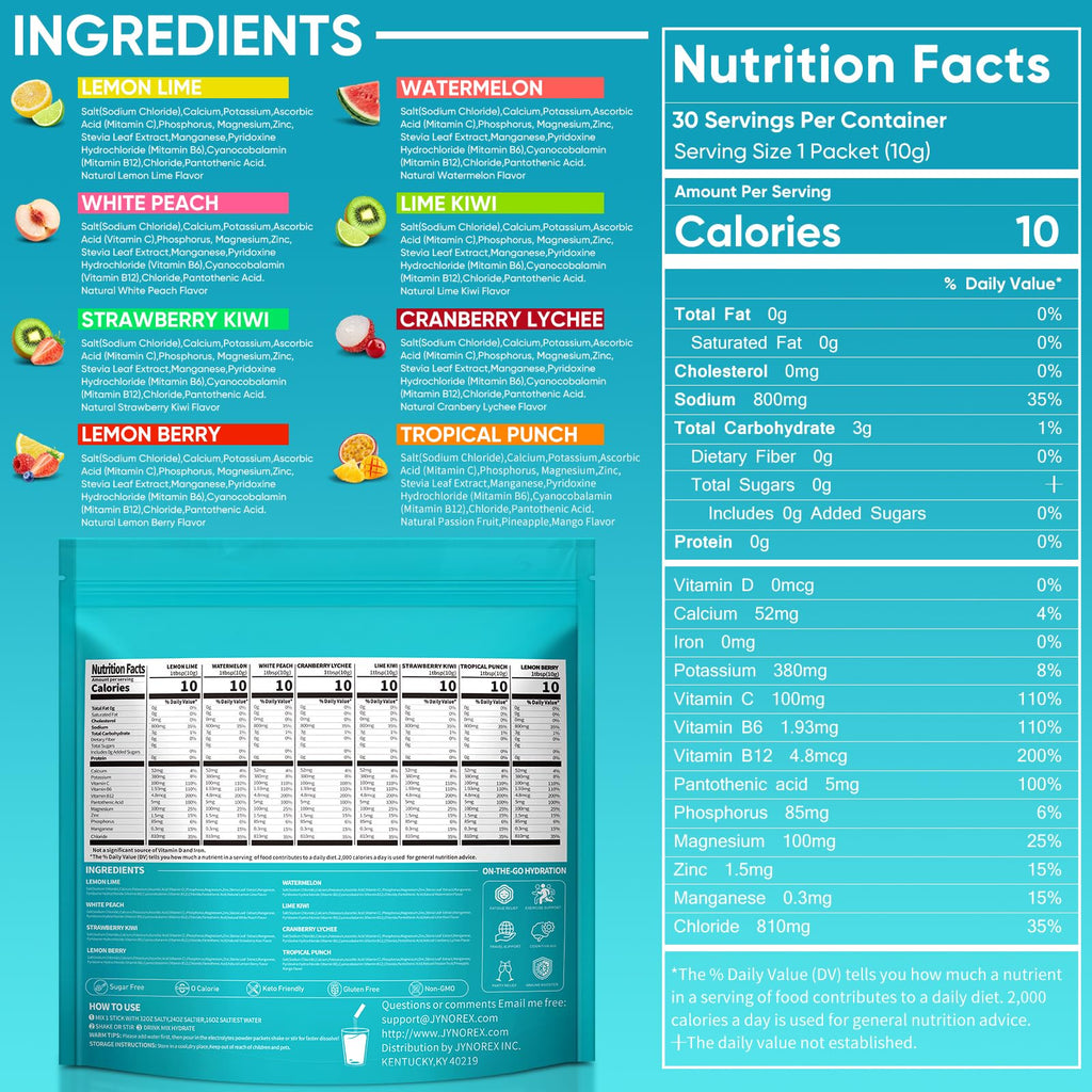 JYNOREX Electrolytes Powder Packets Sugar Free, 30 Sticks High Sodium Hydration Packets, Electrolyte Drink Mix with Lemon Lime Watermelon Peach Berry Kiwi - FENGGESTORE20