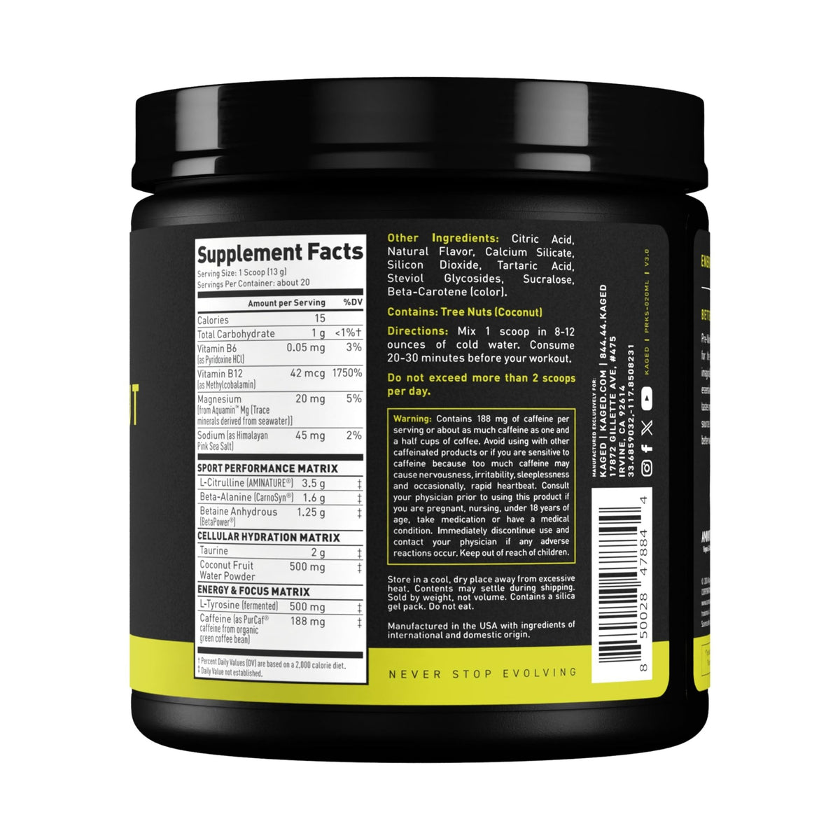 Kaged Sport Pre Workout Powder for Men & Women, Mango Lime, Sport Certified, 188mg Caffeine, Nitric Oxide Supplement, Beta Alanine for Energy, Weightlifting - FENGGESTORE20