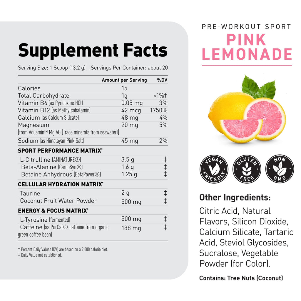 Kaged Sport Pre Workout Powder for Men & Women, Pink Lemonade, Sport Certified, 188mg Caffeine, Nitric Oxide, Beta Alanine, 20 Servings - FENGGESTORE20