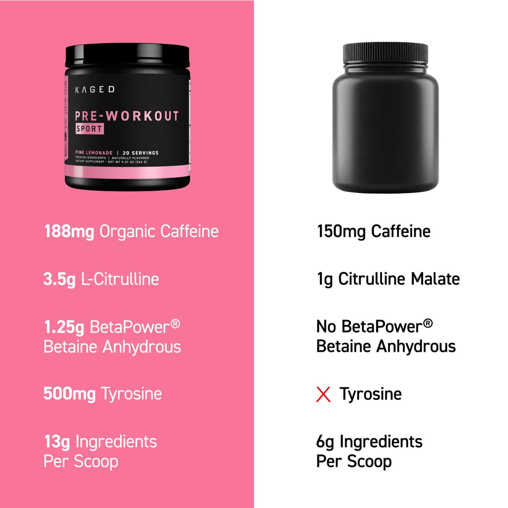 Kaged Sport Pre Workout Powder for Men & Women, Pink Lemonade, Sport Certified, 188mg Caffeine, Nitric Oxide, Beta Alanine, 20 Servings - FENGGESTORE20
