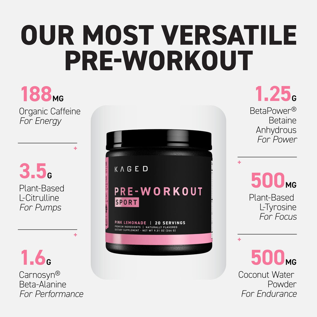 Kaged Sport Pre Workout Powder for Men & Women, Pink Lemonade, Sport Certified, 188mg Caffeine, Nitric Oxide, Beta Alanine, 20 Servings - FENGGESTORE20