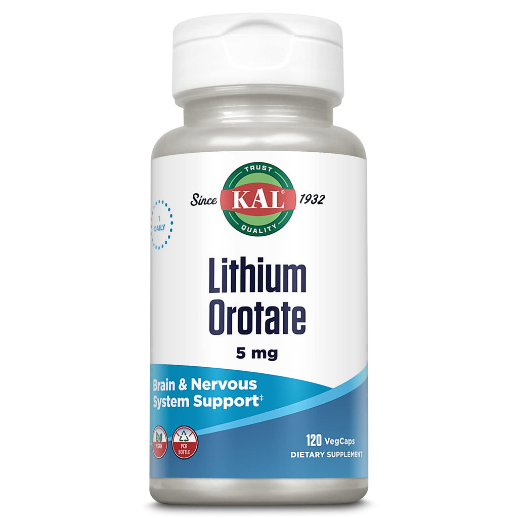 KAL Lithium Orotate 5 milligrams | Low Serving Of Chelated Lithium Orotate For Bioavailability and Mood Support | In Organic Rice Bran Extract Base | 120 VegCaps - FENGGESTORE20