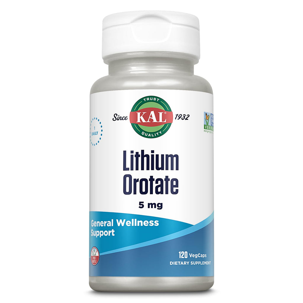 KAL Lithium Orotate 5 milligrams | Low Serving Of Chelated Lithium Orotate For Bioavailability and Mood Support | In Organic Rice Bran Extract Base | 120 VegCaps - FENGGESTORE20