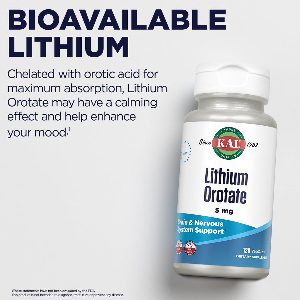 KAL Lithium Orotate 5 milligrams | Low Serving Of Chelated Lithium Orotate For Bioavailability and Mood Support | In Organic Rice Bran Extract Base | 120 VegCaps - FENGGESTORE20