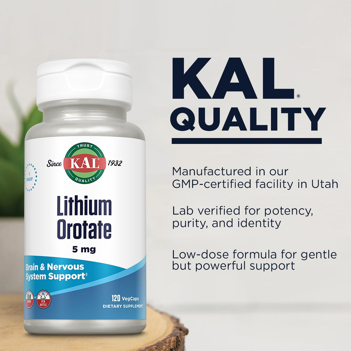 KAL Lithium Orotate 5 milligrams | Low Serving Of Chelated Lithium Orotate For Bioavailability and Mood Support | In Organic Rice Bran Extract Base | 120 VegCaps - FENGGESTORE20