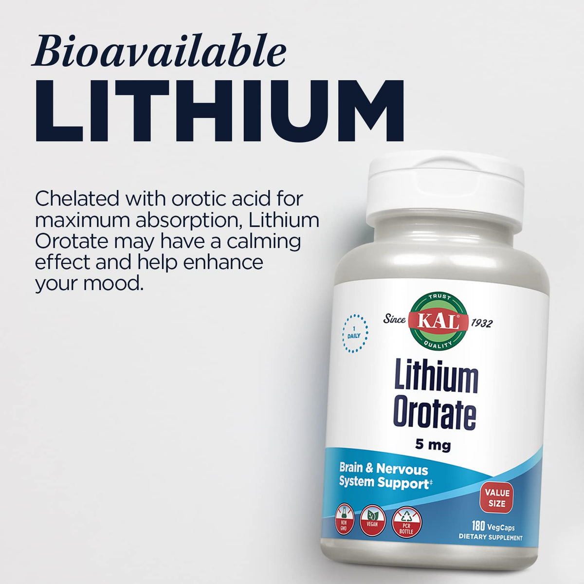 KAL Lithium Orotate 5mg, Low Dose Lithium Supplement for General Wellness Mood Support, Highly Bioavailable, Vegan, 60-Day Guarantee, - FENGGESTORE20