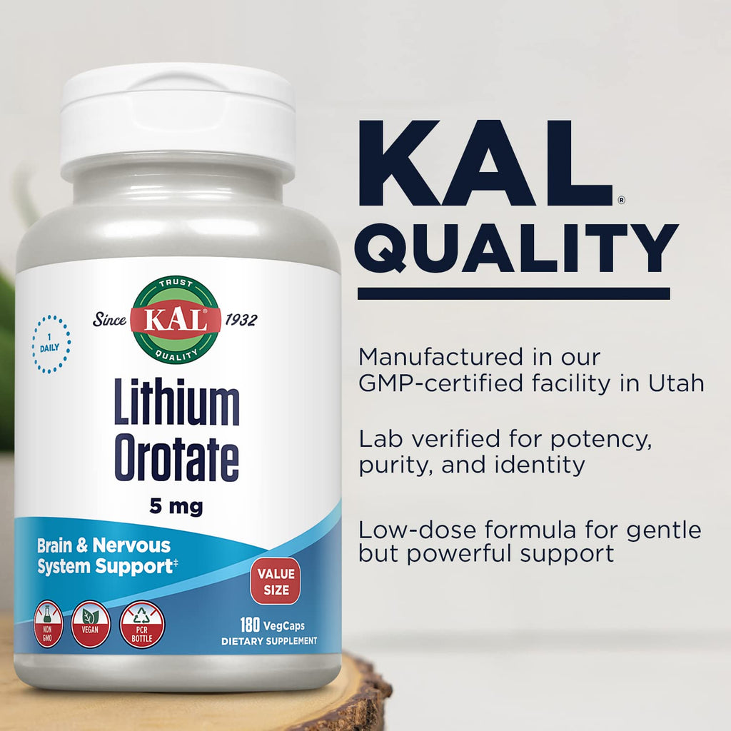 KAL Lithium Orotate 5mg, Low Dose Lithium Supplement for General Wellness Mood Support, Highly Bioavailable, Vegan, 60-Day Guarantee, - FENGGESTORE20