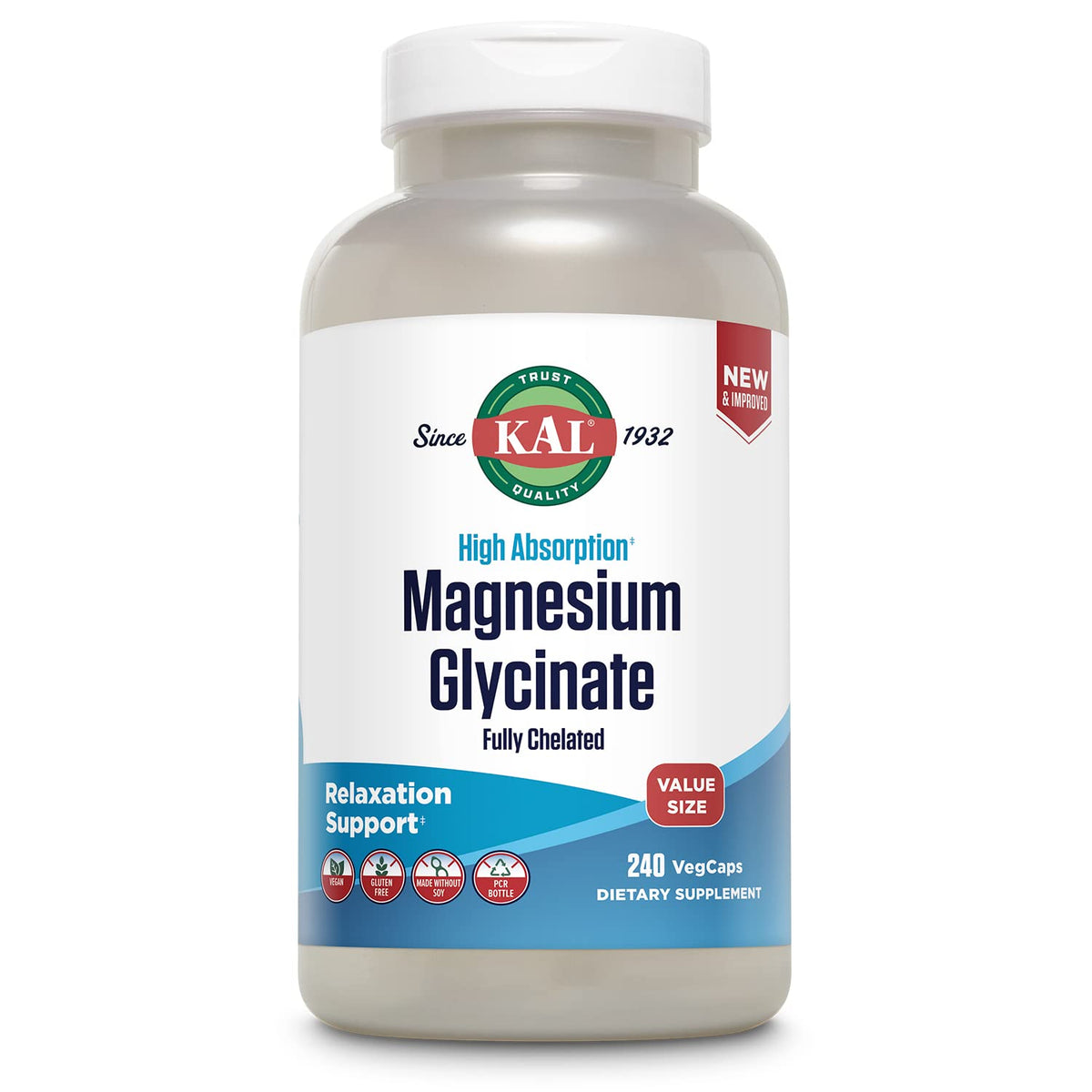 KAL Magnesium Glycinate, New & Improved Fully Chelated High Absorption Formula with BioPerine, Bisglycinate Chelate for Stress, Relaxation, Muscle & Bone Health Support, 60 Servings, 240 VegCaps - FENGGESTORE20