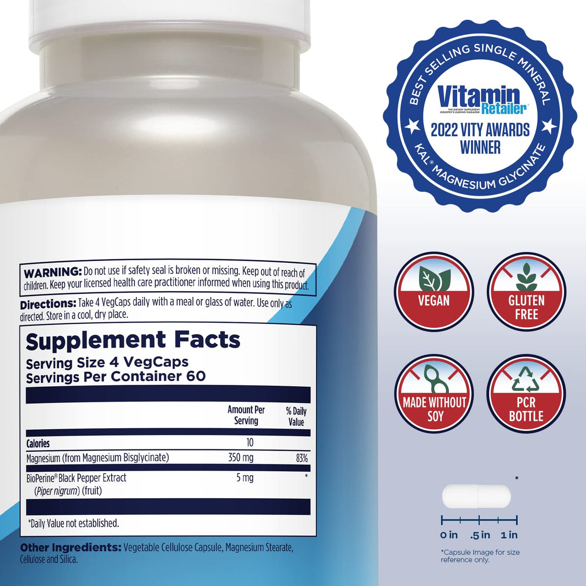 KAL Magnesium Glycinate, New & Improved Fully Chelated High Absorption Formula with BioPerine, Bisglycinate Chelate for Stress, Relaxation, Muscle & Bone Health Support, 60 Servings, 240 VegCaps - FENGGESTORE20
