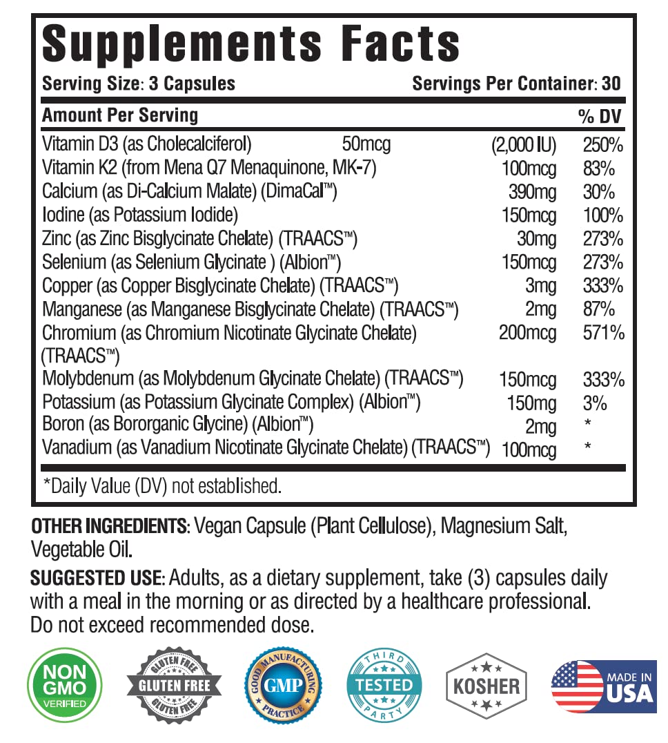 KAPPA NUTRITION (90 Capsules,Vitamin K2, Vitamin D3, Zinc, Selenium, Vanadium, Copper, Manganese, Potassium, Molybdenum, Calcium, Chromium, Iodine, Boron, Mineral 13 in 1 Advanced Complex, from - FENGGESTORE20