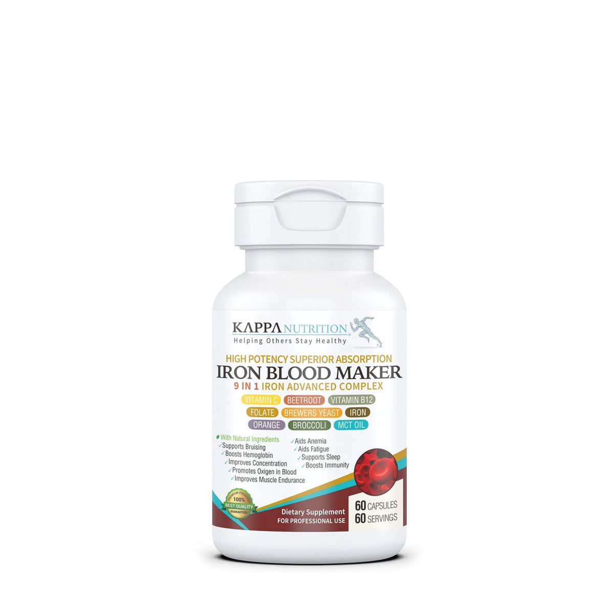 KAPPA NUTRITION Iron 26mg, Vitamin C & Orange 150mg, Folate 667mcg DFE, Vitamin B12, Beetroot, Brewers Yeast, Broccoli & MCT Oil 9 in 1 Advanced Complex (60 Capsules) - FENGGESTORE20
