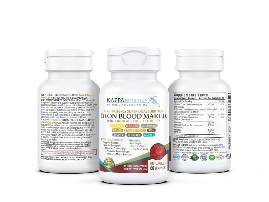 KAPPA NUTRITION Iron 26mg, Vitamin C & Orange 150mg, Folate 667mcg DFE, Vitamin B12, Beetroot, Brewers Yeast, Broccoli & MCT Oil 9 in 1 Advanced Complex (60 Capsules) - FENGGESTORE20