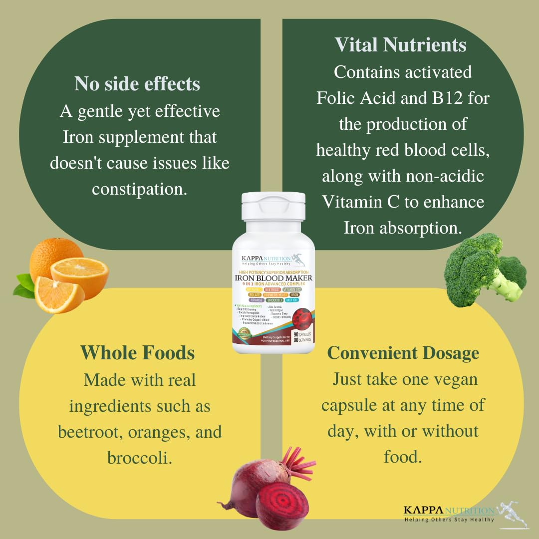 KAPPA NUTRITION Iron 26mg, Vitamin C & Orange 150mg, Folate 667mcg DFE, Vitamin B12, Beetroot, Brewers Yeast, Broccoli & MCT Oil 9 in 1 Advanced Complex (60 Capsules) - FENGGESTORE20