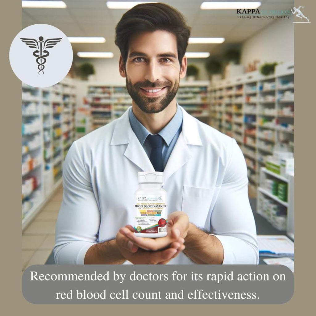 KAPPA NUTRITION Iron 26mg, Vitamin C & Orange 150mg, Folate 667mcg DFE, Vitamin B12, Beetroot, Brewers Yeast, Broccoli & MCT Oil 9 in 1 Advanced Complex (60 Capsules) - FENGGESTORE20