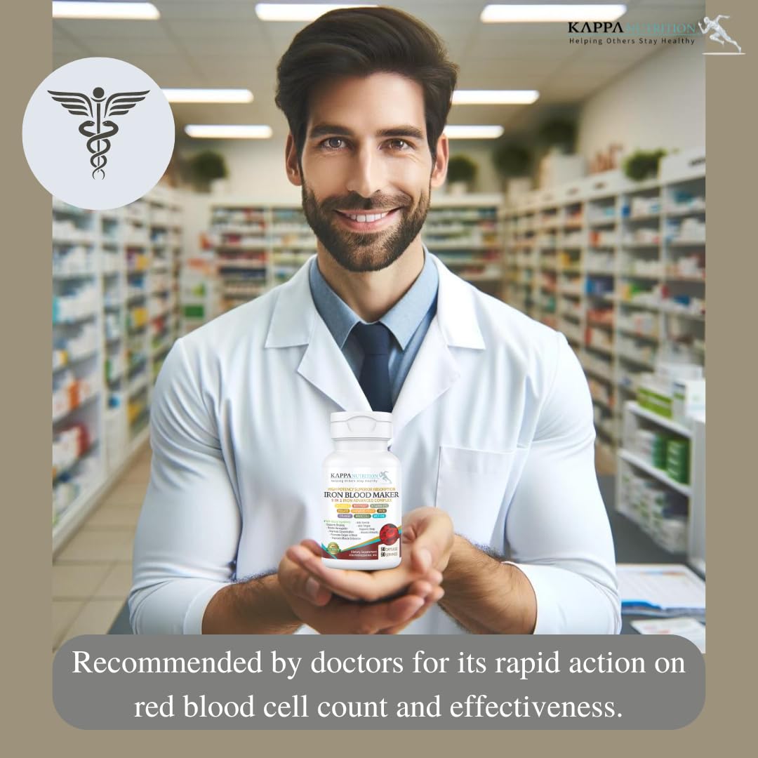 KAPPA NUTRITION Iron 26mg, Vitamin C & Orange 150mg, Folate 667mcg DFE, Vitamin B12, Beetroot, Brewers Yeast, Broccoli & MCT Oil 9 in 1 Advanced Complex (60 Capsules) - FENGGESTORE20
